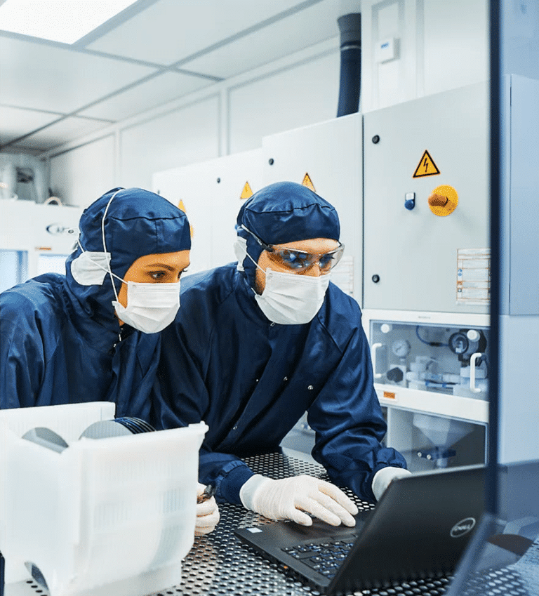 Menschen in Schutzanzug vor Laptop